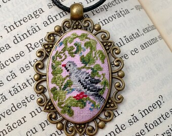 Cuckoo bird pendant, Gift idea for mom, Petit point jewelry, Miniature bird, Hand embroidery necklace, Needlepoint medallion