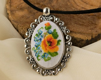 Forget me not flowers necklace, Petit point jewelry, Gift from husband, California orange poppy pendant, Birthday gift idea