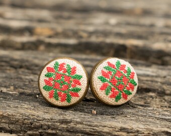 Red and green stud earrings, Petit point post earrings, Folk art earrings, Hand embroidery, Christmas gift, Romanian jewelry
