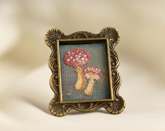 Miniatures painting with hand embroidery, One of a kind Christmas gift, Dollhouse accessories, Mushroom decor, Petit point embroidery