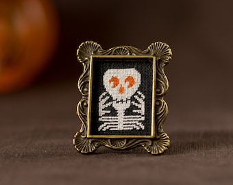 Skeleton miniature embroidery painting, Petit point framed needlepoint, Dollhouse miniature home decor, Halloween gift