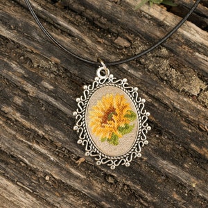 Sunflower pendant necklace, Vintage petit point embroidery, Gift for mom, Summer blouse jewelry, Bridesmaid gift, Boho wedding