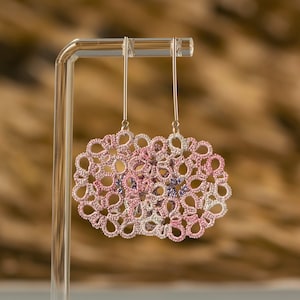 Handmade Tatting Lace Earrings: Pink Silver Beads, Lightweight Dangles
