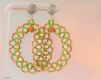 Tatting lace dangle earrings, Seed beaded earrings, Green, Yellow, Pink drop earrings, Easter gift idea for women, Statement earrings