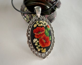 Mimosa and red poppies pendant necklace, Petit point jewelry, Anniversary gift, 3D embroidery necklace, Miniatures flowers, Gift for mom