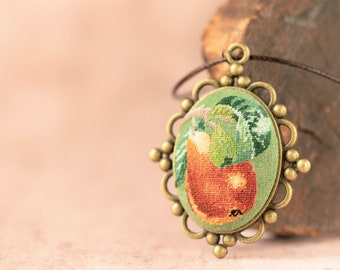 Pear fruit necklace, Petit point hand embroidery, Statement pendant necklace, Birthday gift for mother