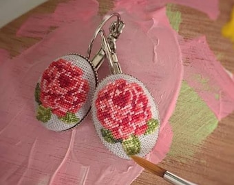 Red rose dangle earrings, Petit point jewelry, Birthday gift for mom, Miniature flowers, Handmade embroidery, Gift from husband