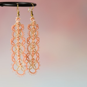 Peach Tatting Earrings, Long Lace Dangle Earrings, Handmade Statement Jewelry