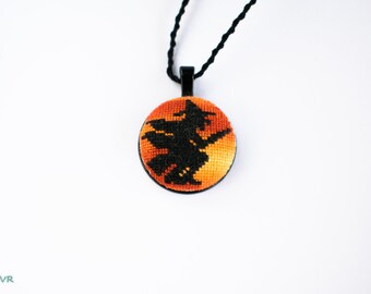 Black witch necklace, Flying witch, Bloody moon, Cross stitch embroidery, Needlepoint accessories, Halloween jewelry, Witch party gift