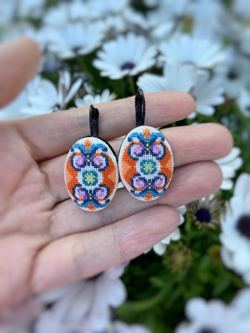 Hand embroidery dangle statement earrings, Symmetrical art, Marb Hand embroidery dangle statement earrings, Symmetrical art, Marb