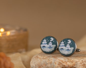 Christmas tree cufflinks, Winter wedding, Hand embroidery, Winter landscape, Christmas gift idea, Gifts for dad, Cufflinks for women