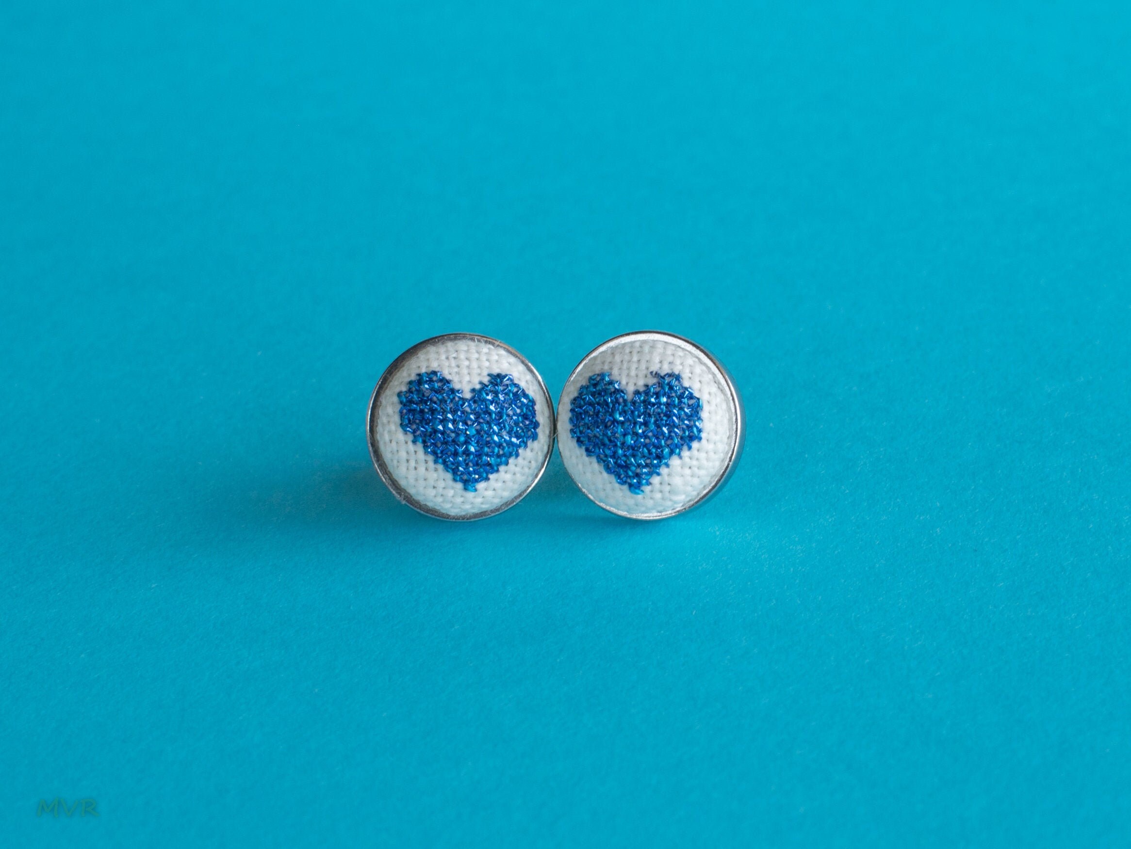 Blue heart stud earings Embroidered earrings Miniature Etsy