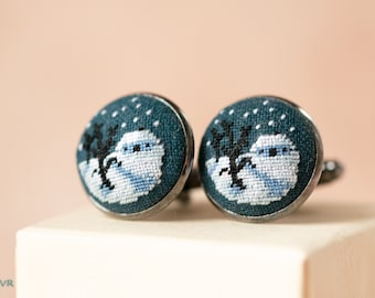 Winter landscape cufflinks, Petit point embroidery, Christmas gifts for him, Cufflinks for women, Winter wedding accessories