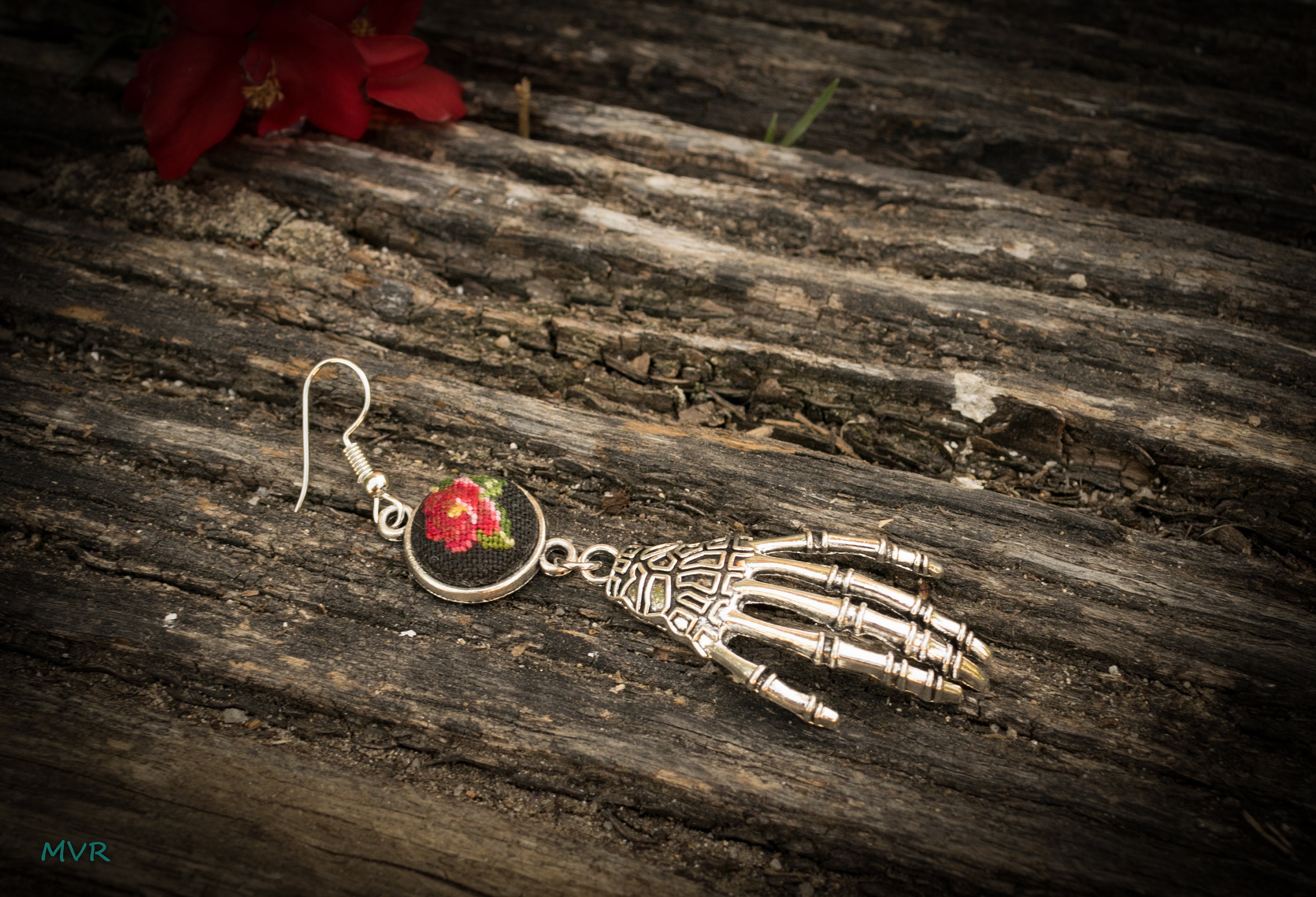 Quirky earring Skeleton hand earring Red rose dangle Etsy