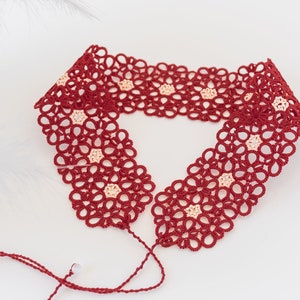 Red Lace Tatting Choker, Handmade Statement Necklace, Romantic Jewelry with Cream Beads