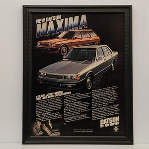 Framed Vintage 80&#39;s Car Ad Datsun Maxima Sedan & Wagon Woody 810 Classic Advertisement Automotive Wall Art Photo Poster