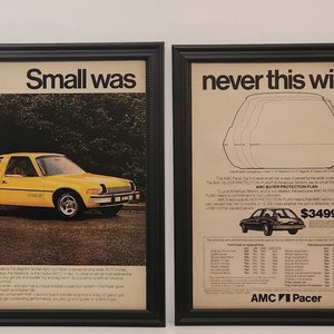 Ingelijste vintage jaren &#39;70 autoadvertentie AMC Pacer X 1976 2-pagina klassieke advertentie Automotive Wall Art Photo Poster
