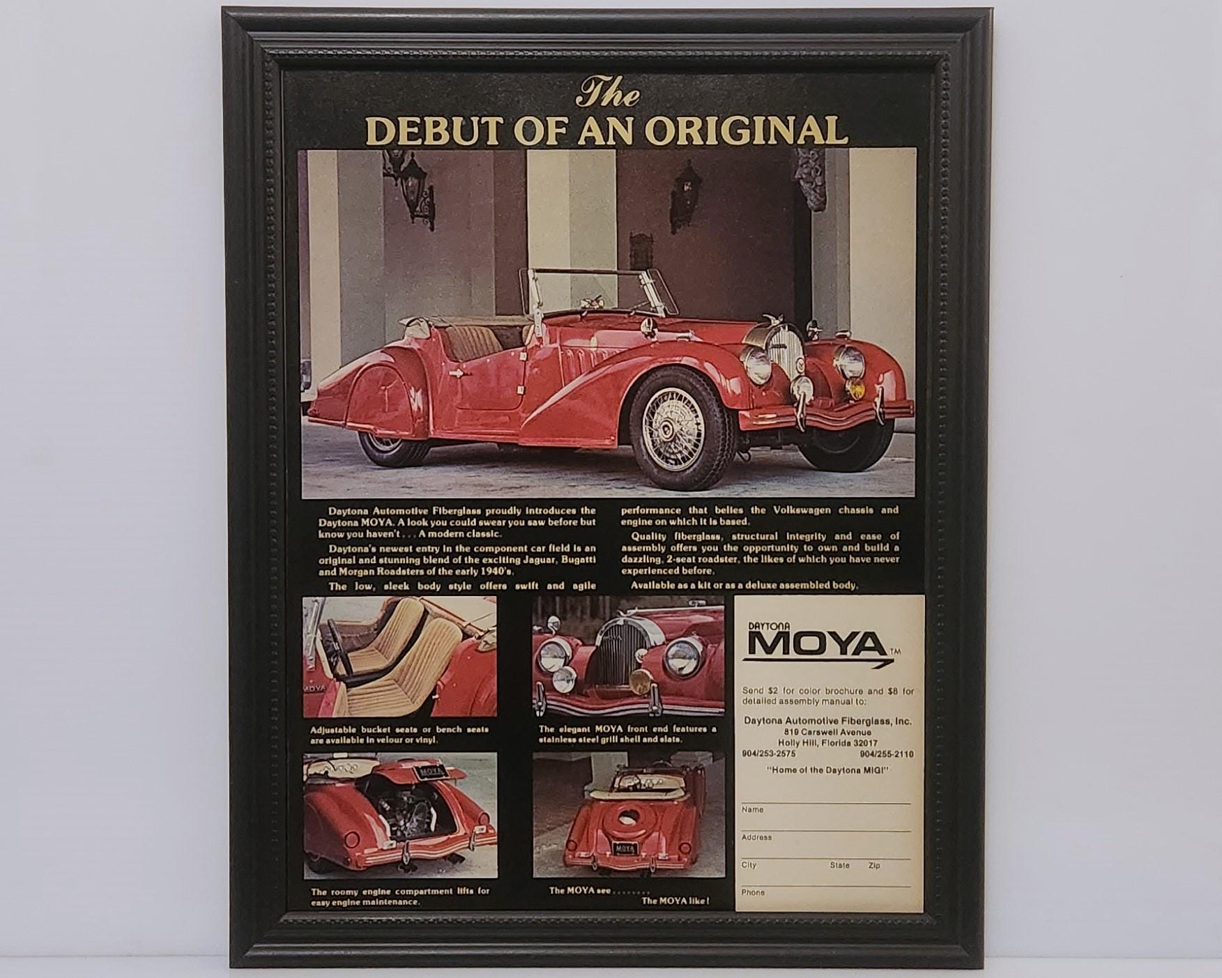 Framed Vintage 80's Car Ad 1982 Daytona Moya 1937 Bugatti Type 57