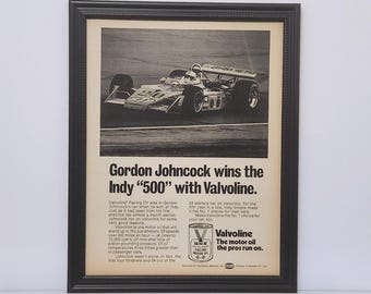 Framed Vintage 70's Valvoline Ad 1973 Formula 1 Indy 500 Race Car