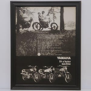Cartel publicitario de motocicletas antiguas enmarcado de 1969 Yamaha Endure Dirt 250 DT-1B 125 AT-1 80 YG5-T 100 Trailmaster L5-T 175 CT-1