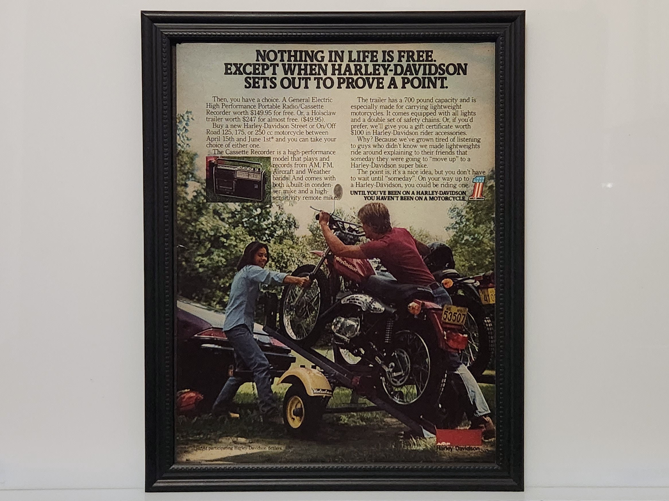 Framed Vintage 70's Motorcycle Ad 1977 Harley Davidson SX 250