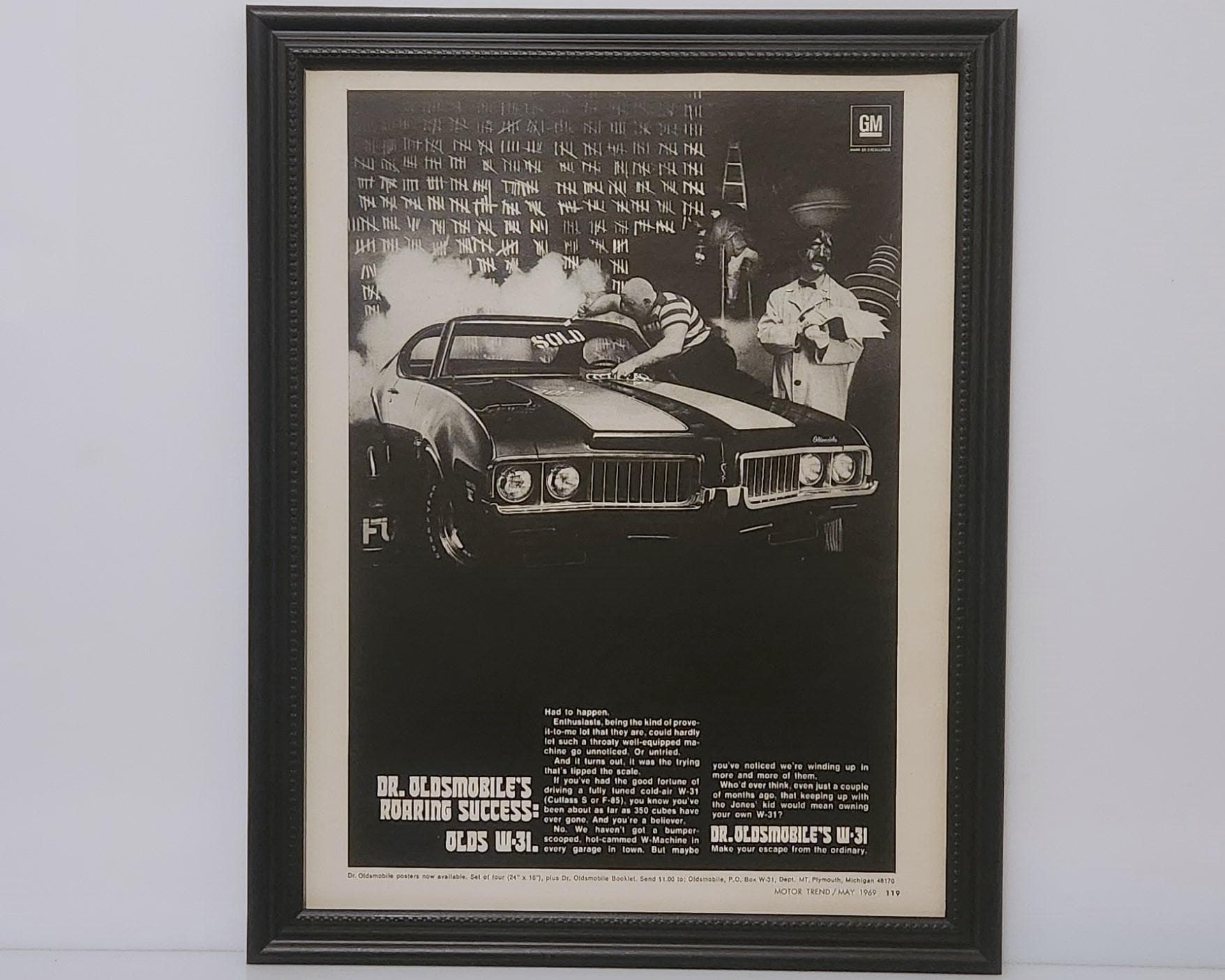 Framed Vintage 60's Car Ad 1969 Oldsmobile Cutlass S W-31 Muscle