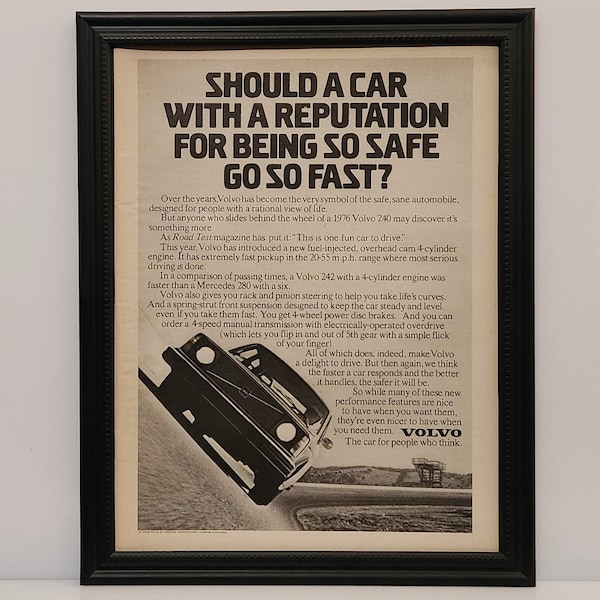 Framed Vintage 70's Car Ad Volvo 240 242 1976 Classic Advertisement Automotive Wall Art Photo Poster