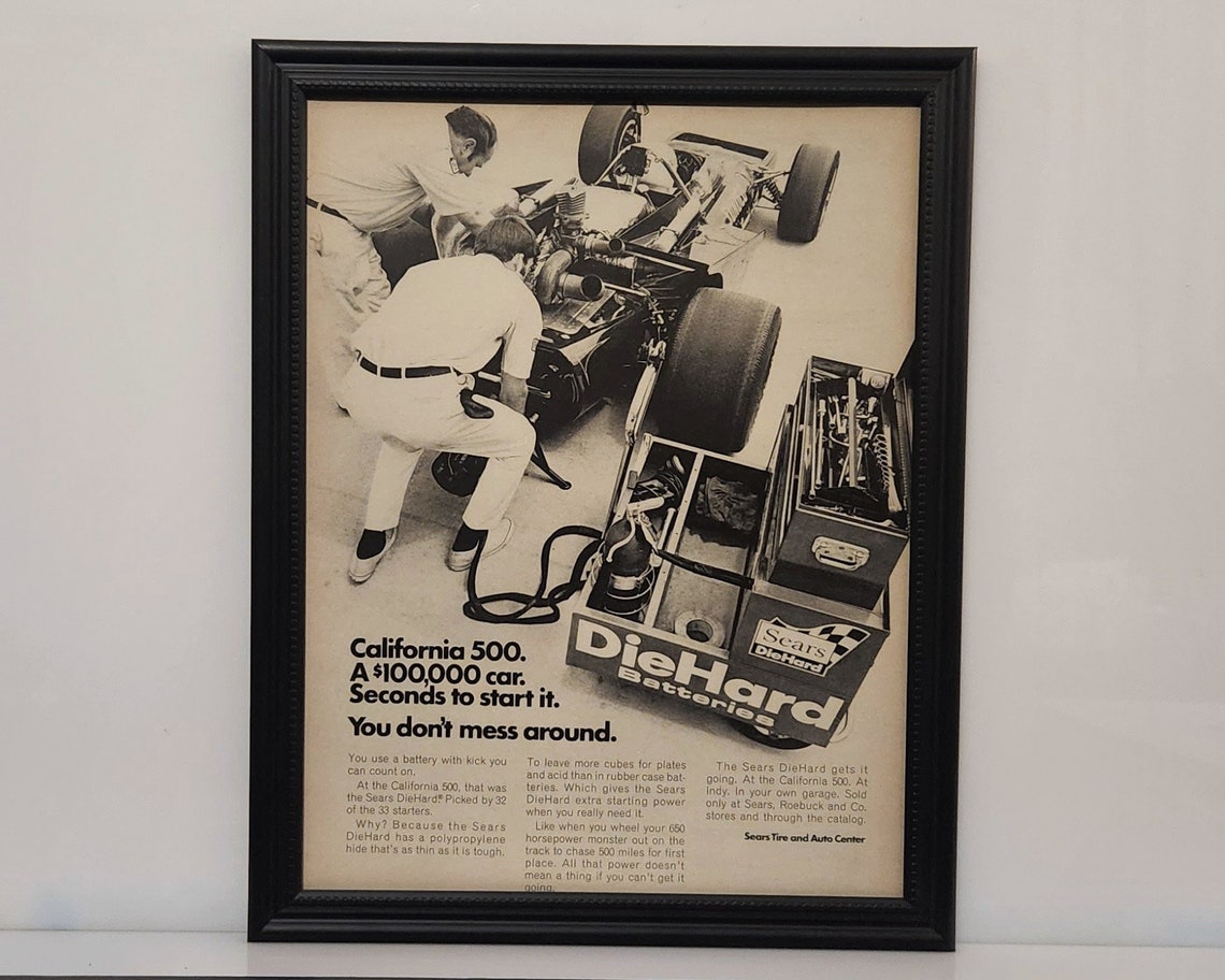 Framed Retro Car Ad 1970 Diehard Indy Racing California 500 Race Racing ...