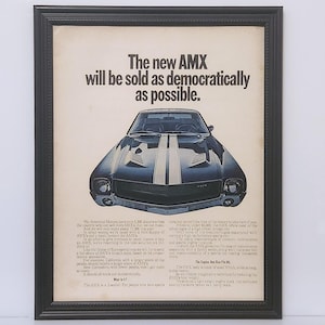 Ingelijste vintage autoadvertentie uit de jaren 60 1968 AMC AMX Coupe Muscle Car klassieke automobieladvertentie kunst aan de muur fotoposter