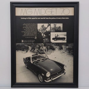 Framed Retro 70&#39;s Car Ad 1970 MG Midget British Roadster Advertisement Vintage B&W Automotive Classic Wall Art Photo Poster