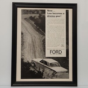 Framed 60's Vintage Car Ad 1963 Ford Fairlane 500 Synchro Manual Transmission B&W Advertisement Automotive Classic Wall Art Photo Poster