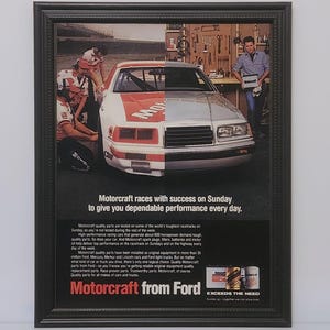 Framed Vintage 80&#39;s Ford Motorcraft Ad 1987 Thunderbird NASCAR Stock Car Bill Elliott Advertisement Automotive Classic Car Wall Art Poster