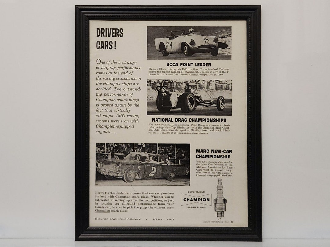 Framed 60's Vintage Champion Ad 1960 Race Cars Daimler SP250 SCCA NHRA ...