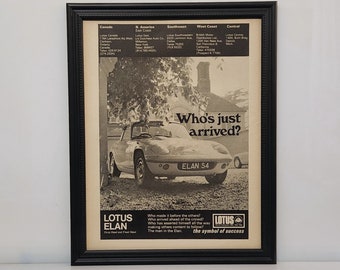 Framed Retro 70's Car Ad 1970 Lotus Elan S4 Advertisement Vintage B&W Automotive Classic Wall Art Photo Poster