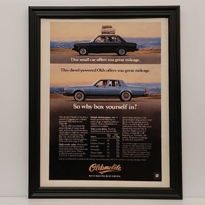 Framed Vintage 80's Car Ad Oldsmobile Delta 88 Sedan Diesel 1981 Classic Advertisement Automotive Wall Art Photo Poster