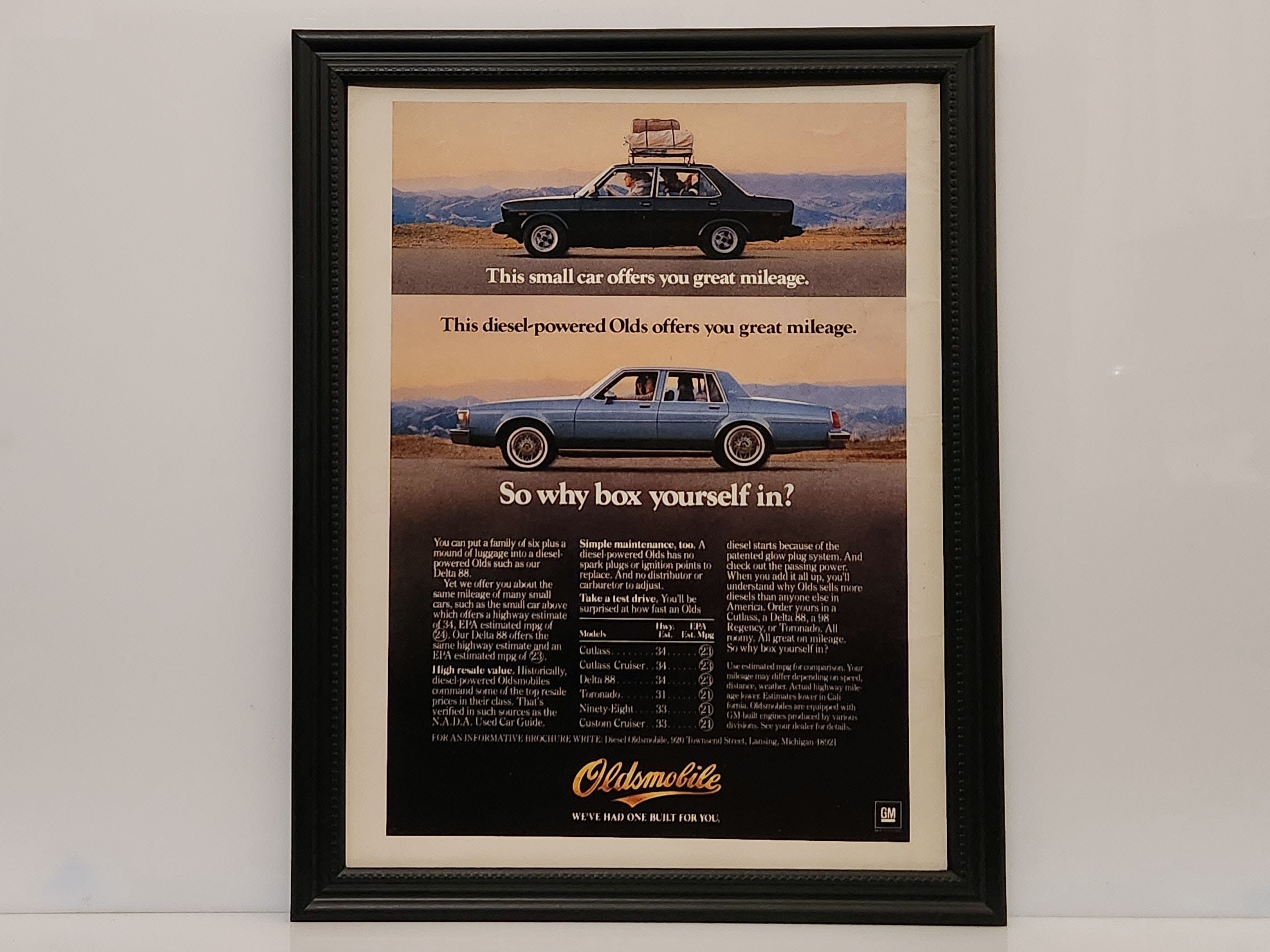 Framed Vintage 80's Car Ad Oldsmobile Delta 88 Sedan Diesel
