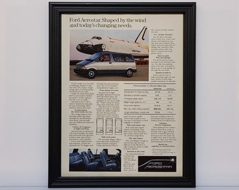 Framed Vintage 80&#39;s Car Ad 1986 Ford Aerostar Van NASA Space Shuttle Advertisement Retro Automotive Classic Wall Art Photo Poster