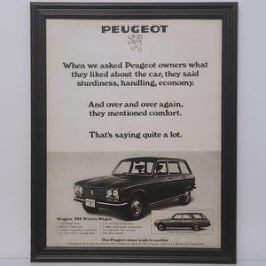 Framed Vintage 70's Car Ad 1972 Peugeot 304 Wagon Classic Automotive Advertisement Wall Art Photo Poster