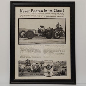 Framed 60&#39;s Vintage Pennzoil Ad 1961 Top Dragster Chevy V8 Drag Racing Race Car B&W Advertisement Automotive Classic Wall Art Photo Poster