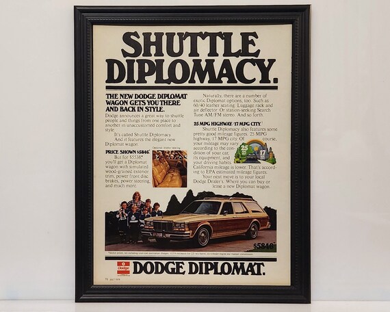 Framed Vintage 70's Car Ad 1978 Dodge Diplomat Woody Station Wagon