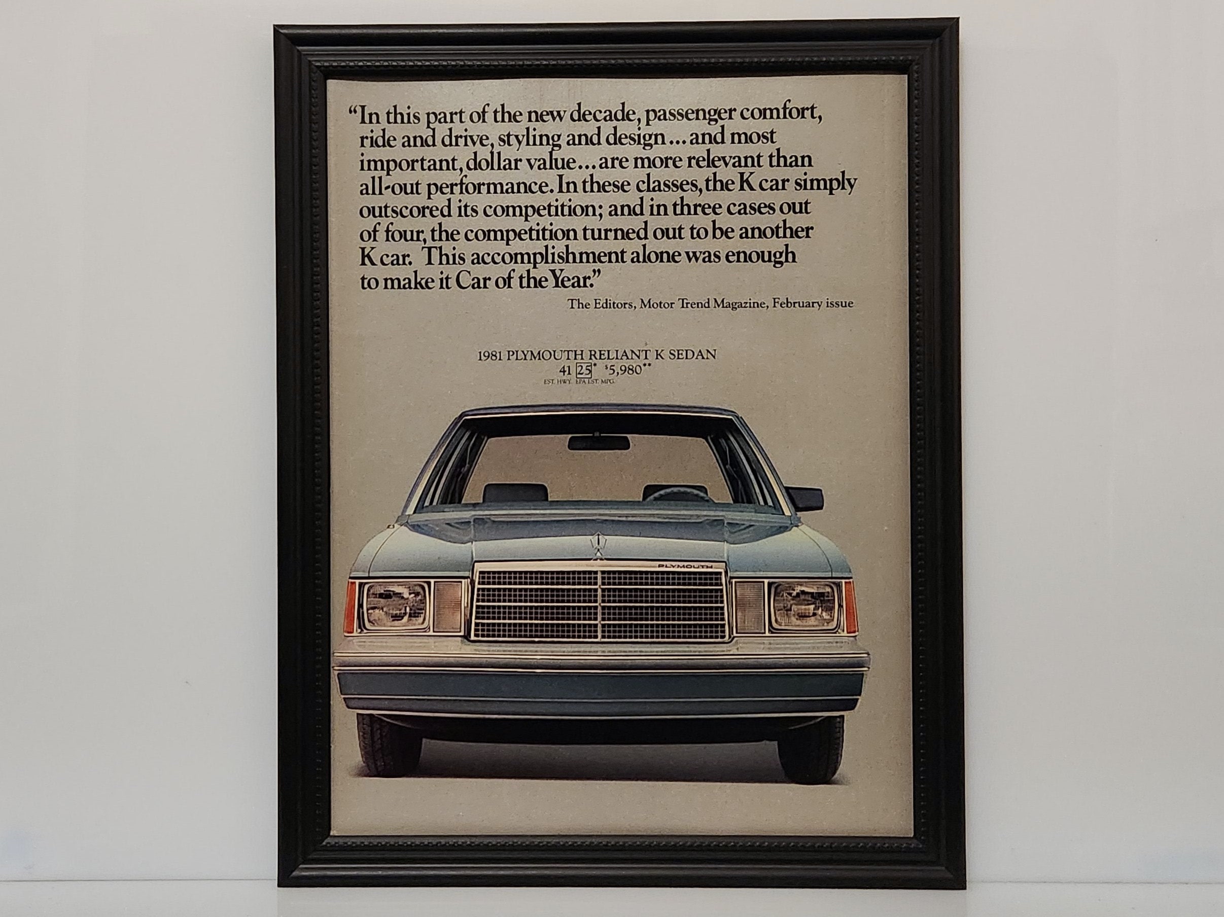 Framed Vintage 80's Car Ad Plymouth Reliant K 1981 Classic