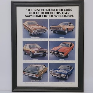 Framed Vintage 70's Car Ad 1972 AMC Lineup Javelin Gremlin Hornet Ambassador Matador Sportabout Wagon Automotive Advertisement Photo Poster