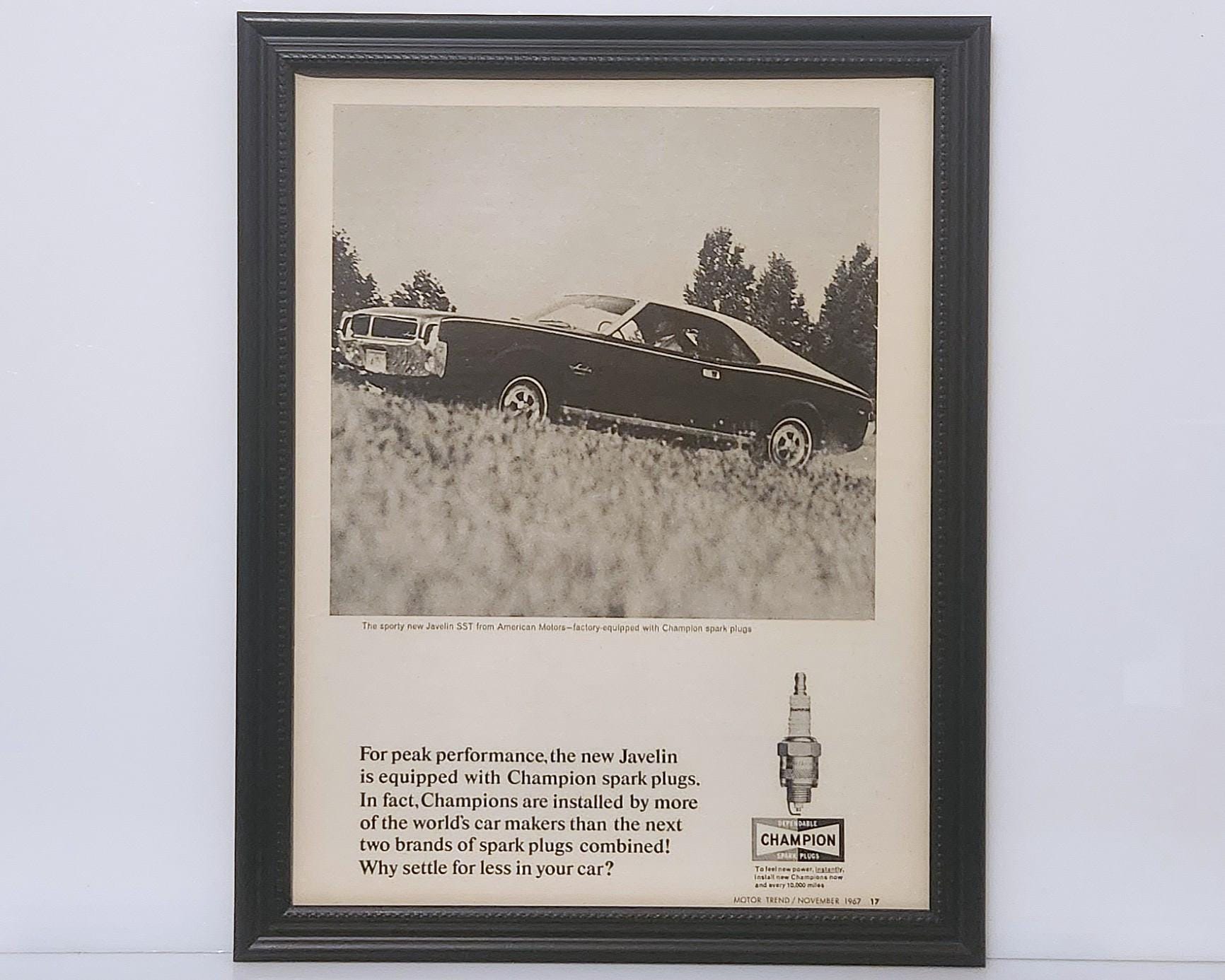 Framed Vintage 60's Champion Ad 1968 AMC Javelin SST Muscle Car