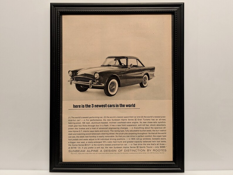 Framed Vintage 60/'s Car Ad 1963 Sunbeam Alpine Series III GT Automotive Advertisement B/&W Classic Wall Art Photo Poster