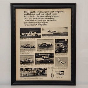 Framed Vintage 1970 Champion Ad Road Runner Penske Camaro Charger Don Prudhomme Ford Torino Advertisement B&W Classic Wall Art Photo Poster