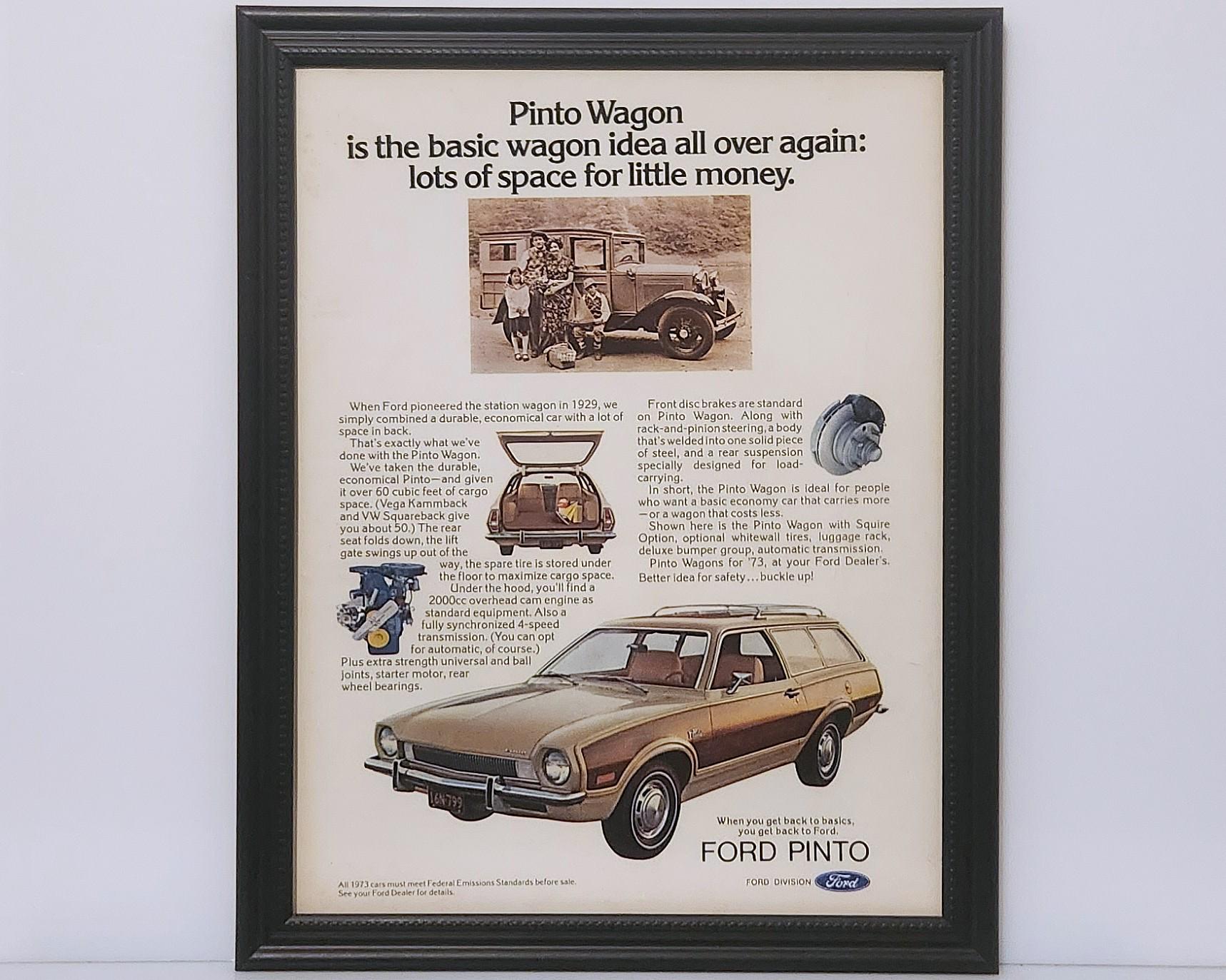 Framed Vintage 70's Car Ad 1973 Ford Pinto Woody Wagon Classic