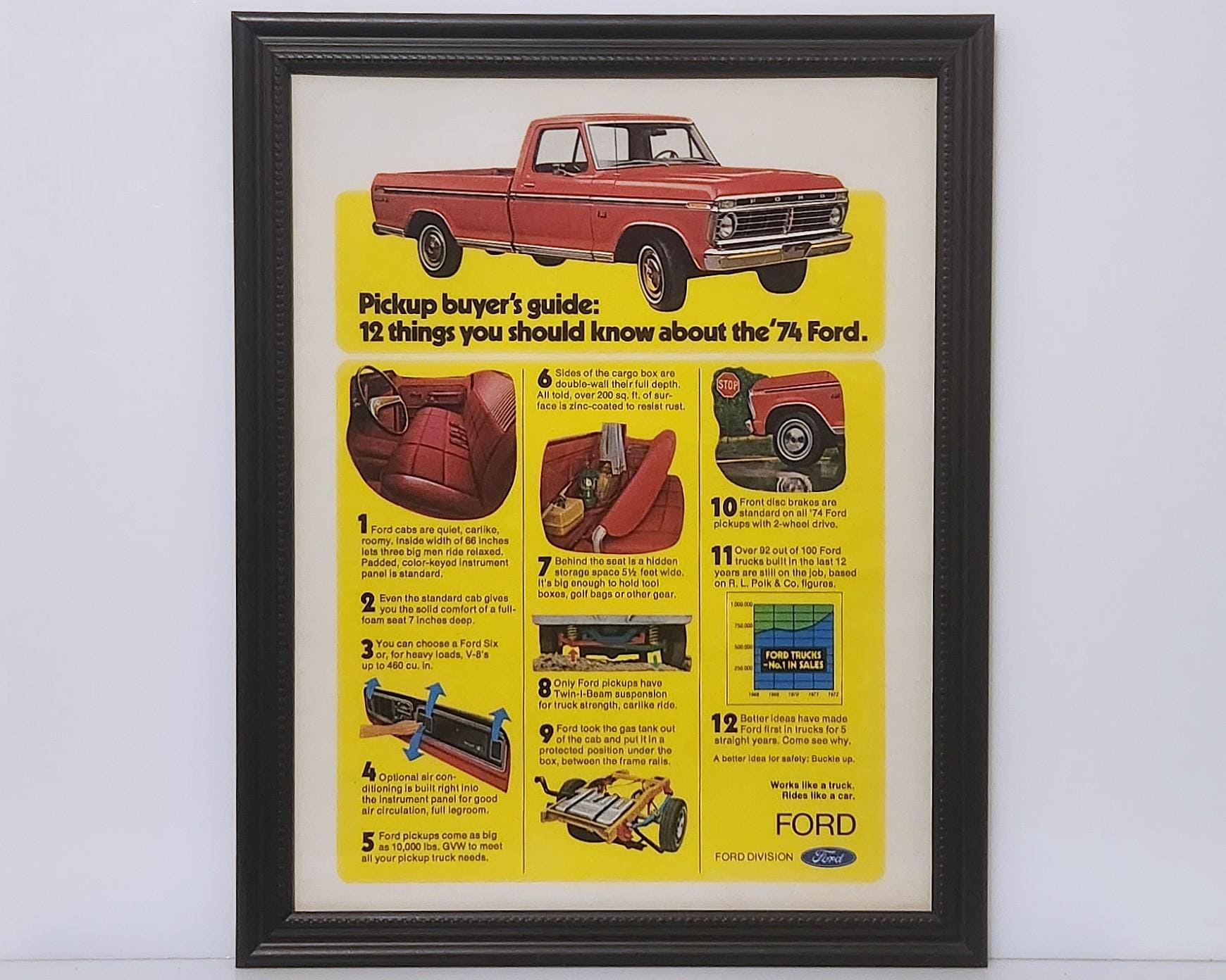 Framed Vintage 70's Car Ad 1974 Ford Pickup Truck F-150 F100