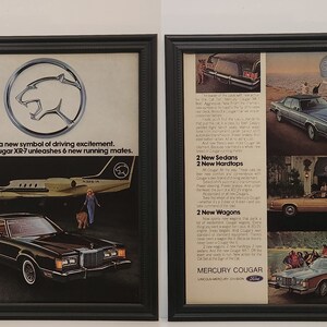 Framed Vintage 70&#39;s Car Ad Mercury Cougar Lineup XR-7 Sedan Wagon 1977 2-Page Classic Advertisement Automotive Wall Art Photo Poster