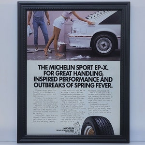 Framed Vintage 80&#39;s Michelin Tire Ad 1987 Ford Mustang GT Sport EP-X Retro Automotive Advertisement Classic Wall Art Photo Poster