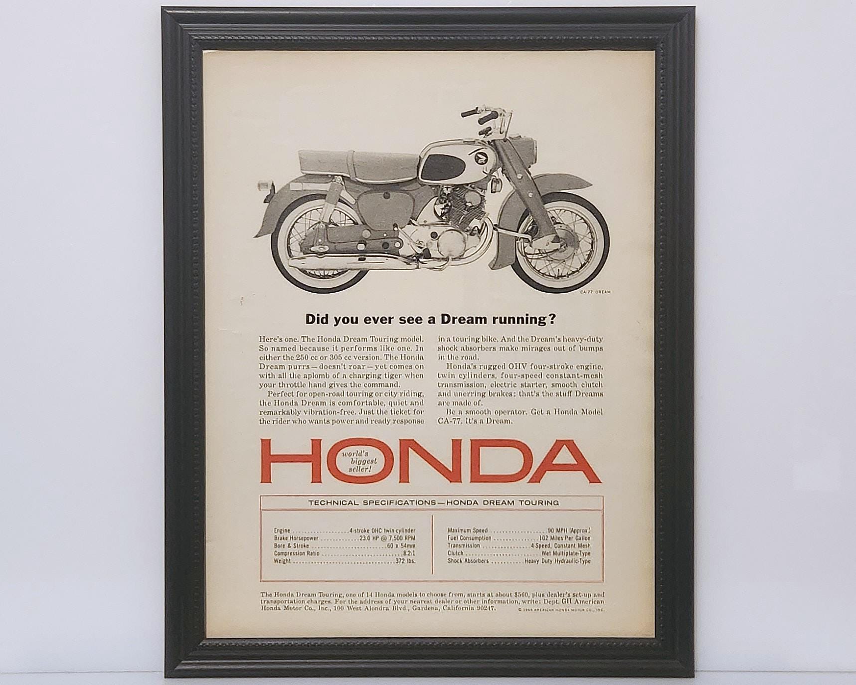 Framed Vintage 60's Motorcycle Ad 1965 Honda CA-77 Dream Classic
